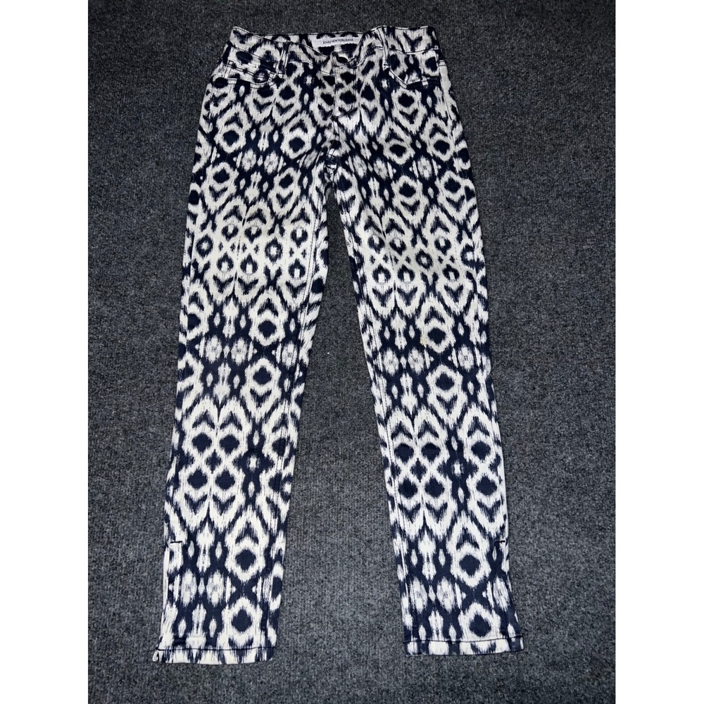 Jones New York Jeans Bleecker Ankle Zip Pants Size 2P Navy White Ikat Print